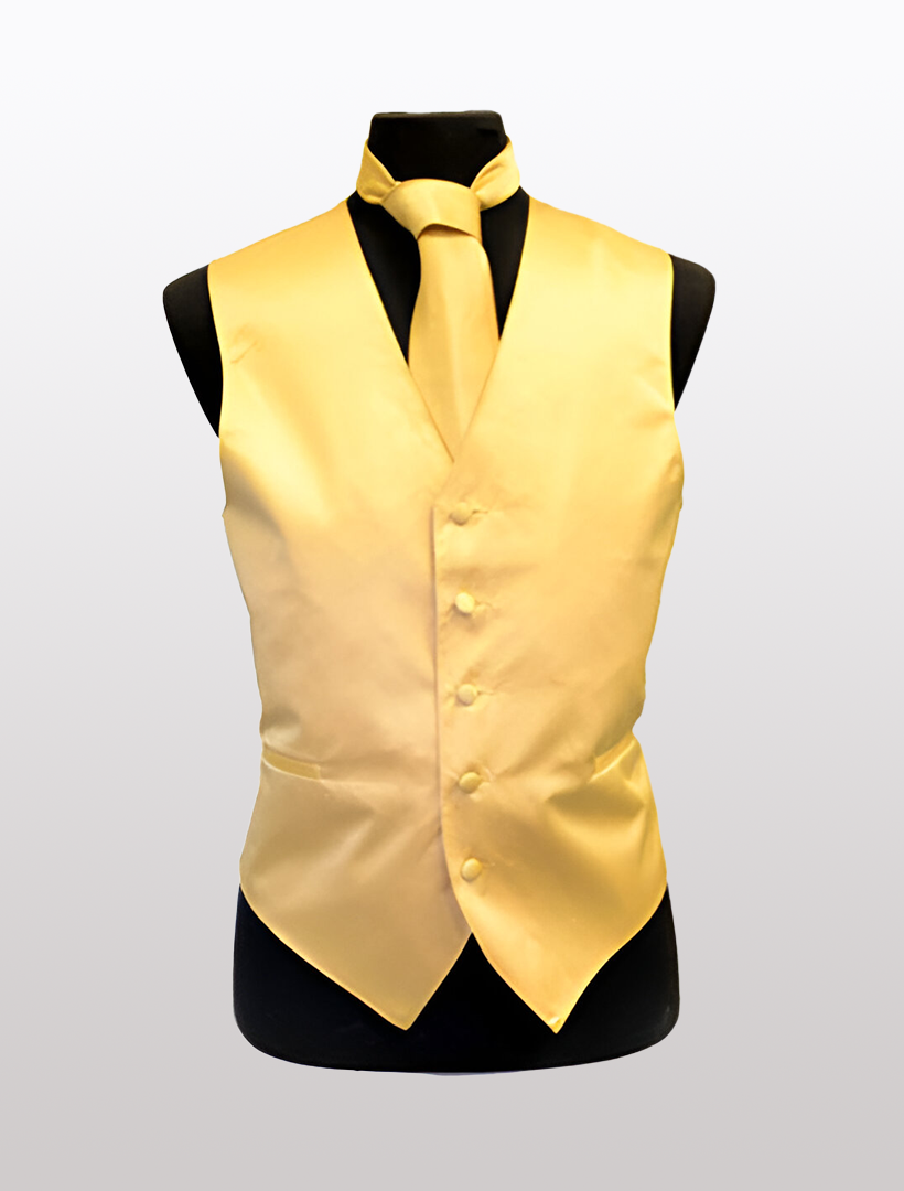 Displayed against a white backdrop, a black mannequin showcases the Men's Solid Satin Gold Tuxedo Vest by Ckl, complete with an adjustable strap and a matching cravat.