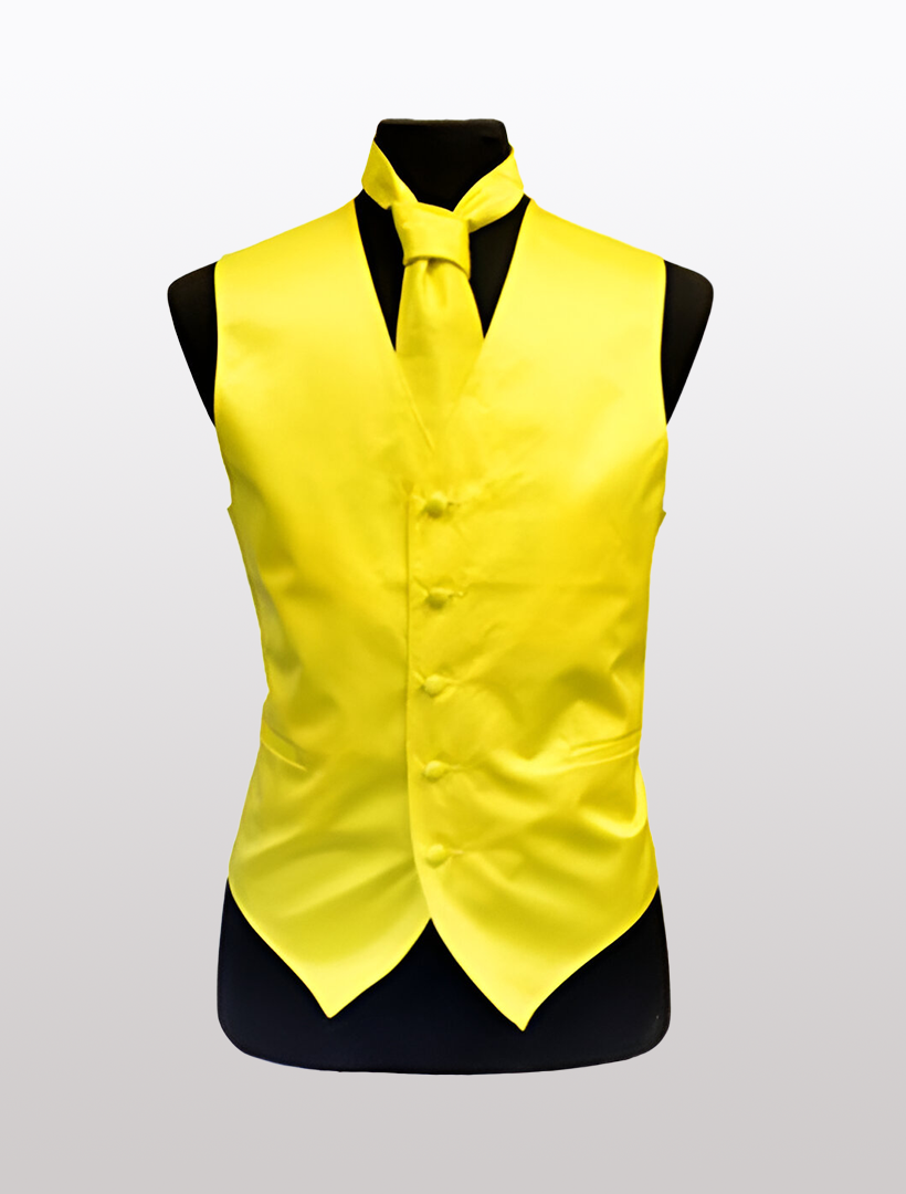 The Men's Solid Satin Yellow Tuxedo Vest by Ckl, featuring an adjustable strap and accompanied by a matching tie, is elegantly displayed on a black torso mannequin against a simple white background.