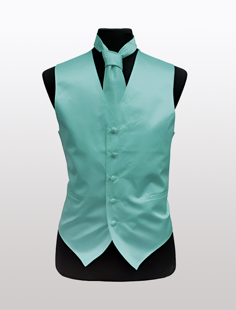 The Men's Solid Satin Aqua Tuxedo Vest by Ckl, along with a coordinating tie, boasts an adjustable strap for a tailored fit and is gracefully showcased on a black mannequin set against a light gray backdrop.
