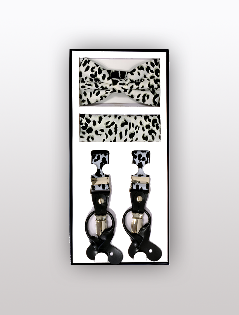 This boxed set by Vesuvio Napoli features the Men's Skinny Leopard White 3 Piece Suspenders Set, which includes a black and white spotted bow tie, matching adjustable suspenders, and sleek leather straps.