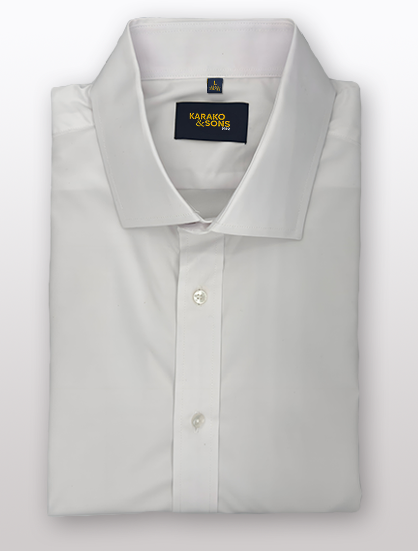 Men's white bamboo wrinkle-free slim fit dress shirt with a "Karako & Sons" label, designed for effortless elegance.