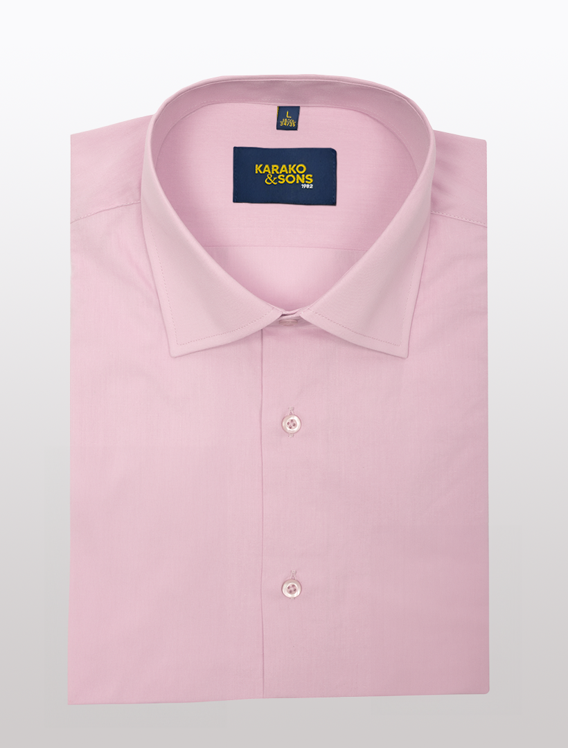 The Men's Pink Bamboo Wrinkle-Free Slim Fit Dress Shirt features a folded collar and buttons, with the Karako & Sons label inside the collar.