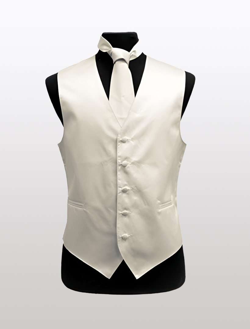 The Men's Solid Satin Ivory Tuxedo Vest by Ckl gracefully adorns a mannequin against a simple backdrop, showcasing its regular fit and an adjustable strap for an impeccable finish.