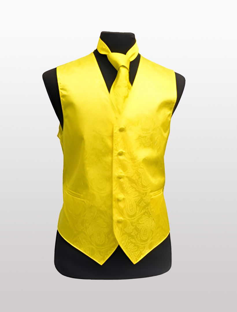 On display against a plain background is the Men's Paisley Yellow Tuxedo Vest from Ckl, featuring a matching tie. Crafted from a polyester blend, this vibrant yellow vest includes an adjustable strap for an ideal fit.
