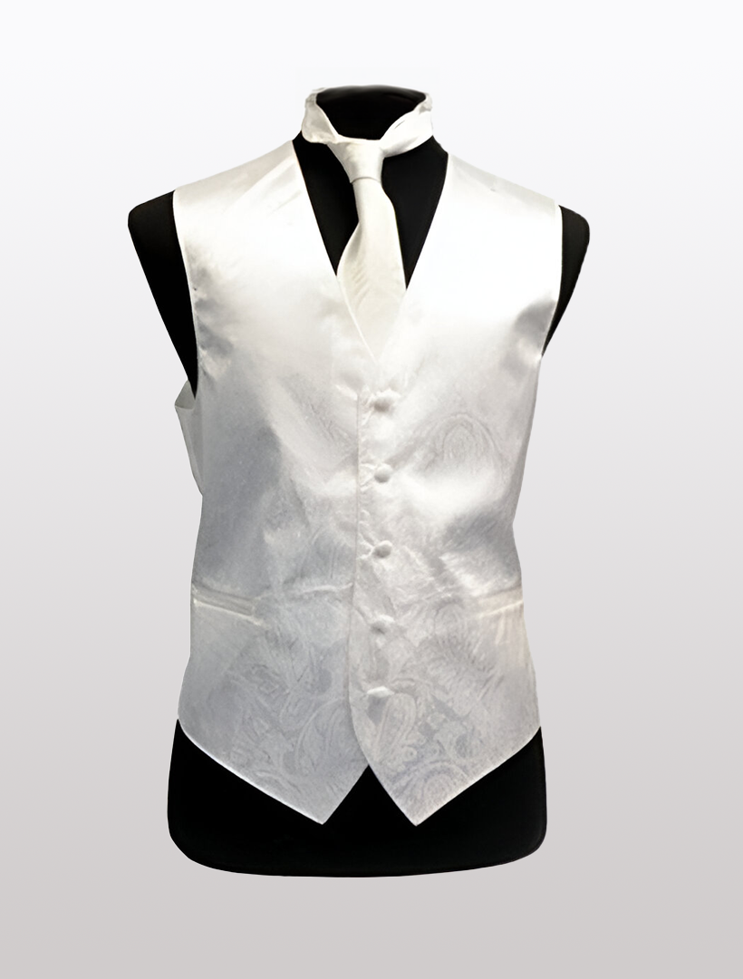 The Men's Paisley White Tuxedo Vest by Ckl is showcased on a mannequin, featuring an adjustable strap and elegantly paired with a matching tie.