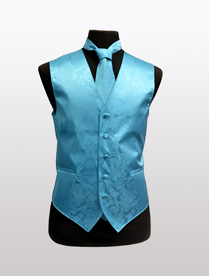 The mannequin torso showcases the Men's Paisley Turquoise Tuxedo Vest by Ckl, complete with a matching tie and an intricate pattern, featuring an adjustable strap for a perfect fit.