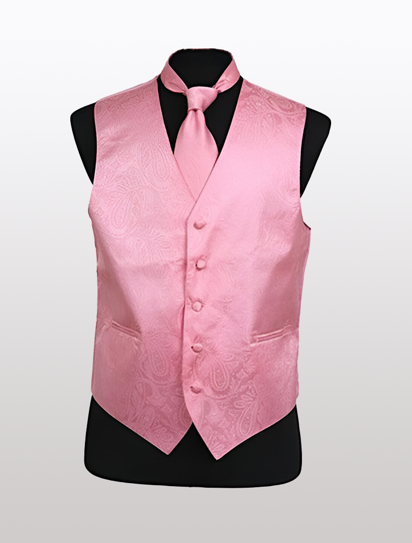 The Men's Paisley Pink Tuxedo Vest by Ckl, featuring an adjustable strap and matching tie, is showcased on a sleek black mannequin.