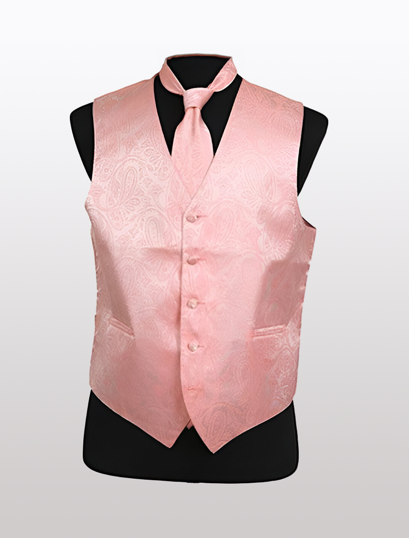 The Men's Paisley Peach Tuxedo Vest by Ckl is showcased on a black mannequin, featuring an adjustable strap and a matching tie for a contemporary appearance.