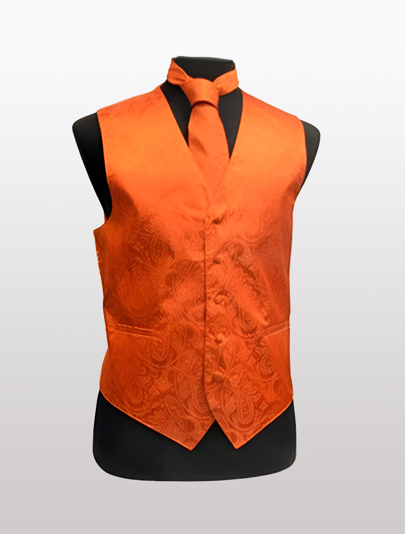 Men's Paisley Orange Tuxedo Vest by Ckl showcased on a mannequin, featuring an adjustable strap and complemented with a matching tie, set against a light backdrop.