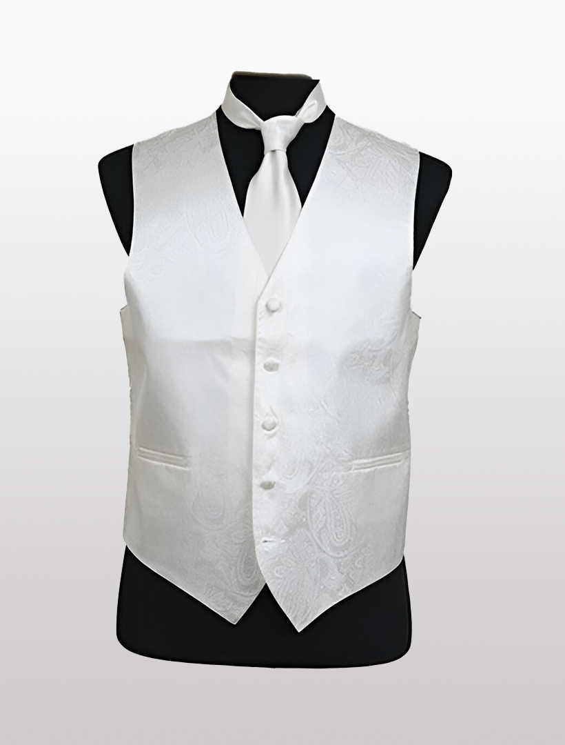 The Men's Paisley Ivory Tuxedo Vest by Ckl is elegantly displayed on a mannequin against a plain background, paired with a matching tie and featuring an adjustable strap for the perfect fit.