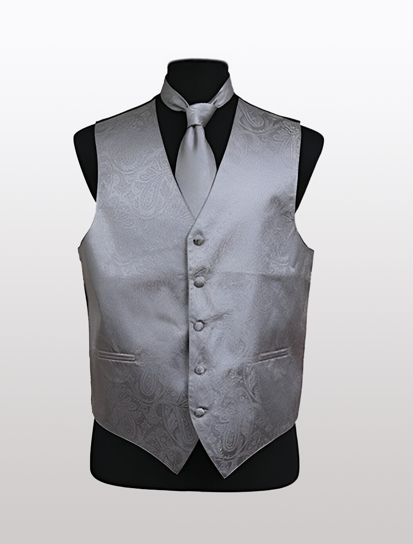 The Men's Paisley Grey Tuxedo Vest by Ckl, along with its matching tie, features an adjustable strap for a perfect fit and is elegantly displayed on a sleek black mannequin.