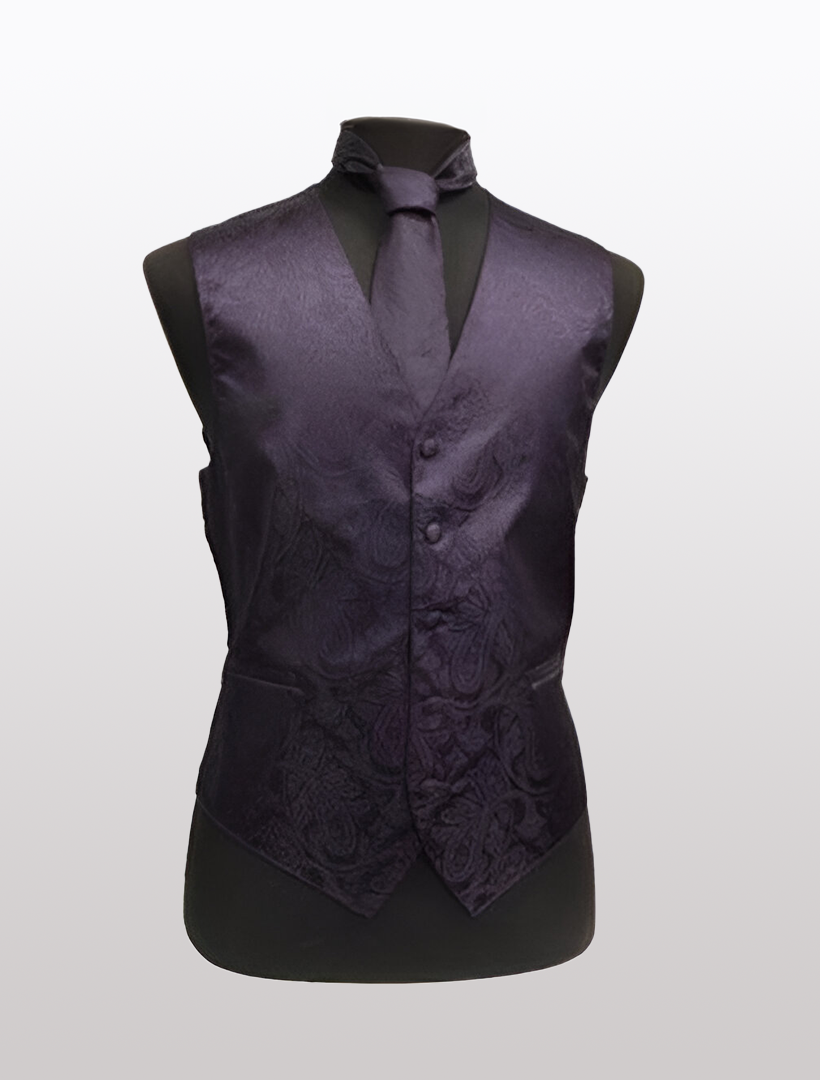 A mannequin showcases a Ckl Men's Paisley Grape Tuxedo Vest along with matching accessories.