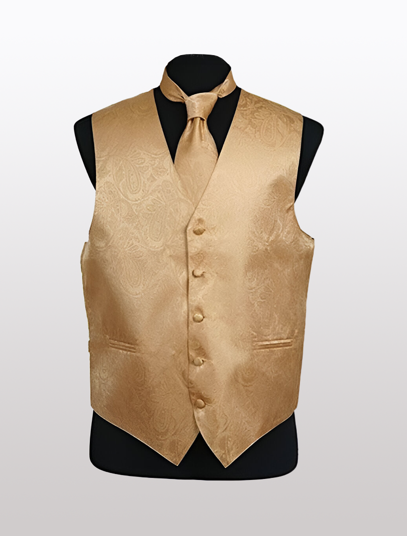 A mannequin displays the Men's Paisley Gold Tuxedo Vest from Ckl, accompanied by a matching tie, all set against a crisp white backdrop. Featuring an adjustable strap for the ideal fit, this ensemble radiates elegance.