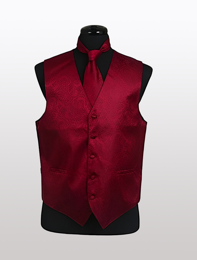 Men's Paisley Burgundy Tuxedo Vest by Ckl, made of satin with an adjustable strap, accompanied by a matching necktie, showcased on a black mannequin against a plain backdrop.