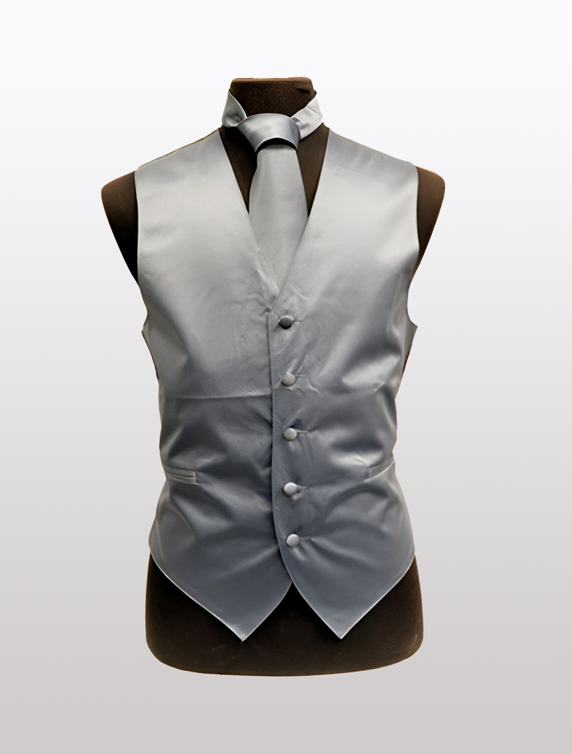 The Men's Solid Satin Charcoal Tuxedo Vest by Ckl, displayed on a mannequin, includes buttons, an attached tie, and an adjustable strap for the perfect fit.