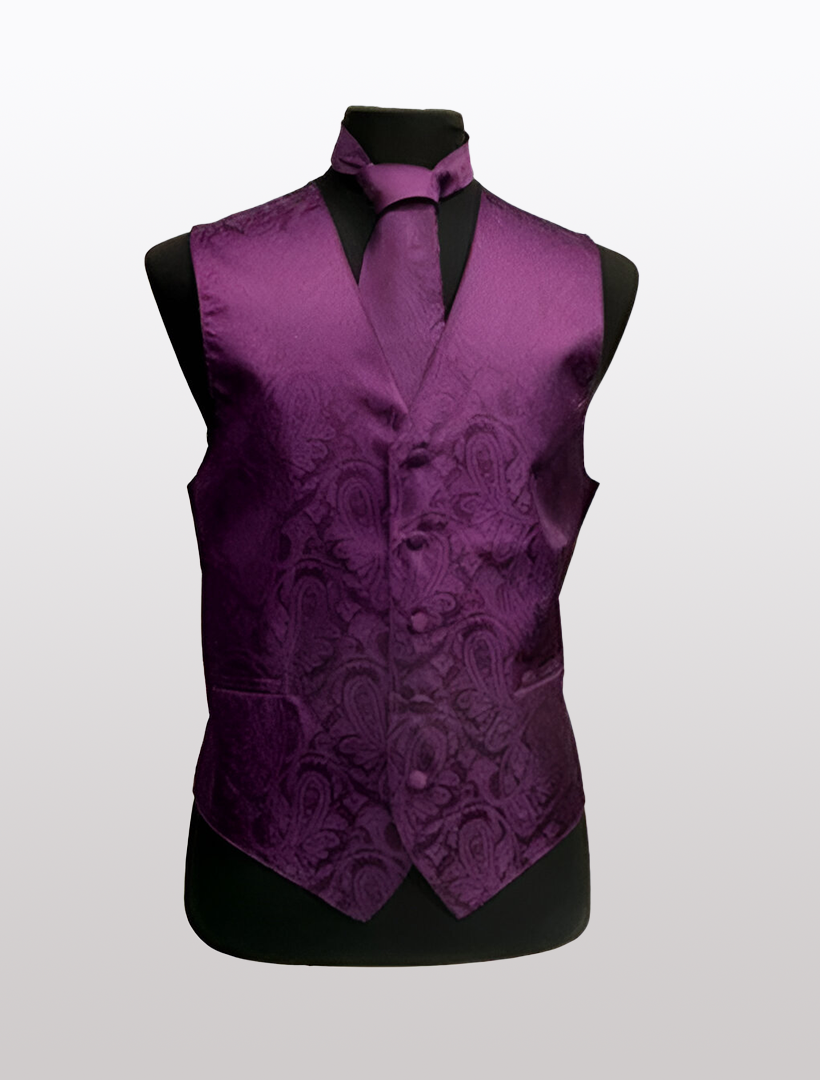 The Men's Paisley Dahlia Tuxedo Vest by Ckl, along with a coordinating tie, is elegantly showcased on a mannequin, featuring an adjustable strap for a sleek, modern look.