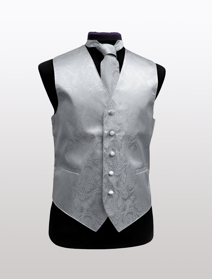 The Men's Paisley Silver Tuxedo Vest by Ckl, featuring an adjustable strap and a matching tie, is showcased on a mannequin against a plain background, presenting a modern appearance.