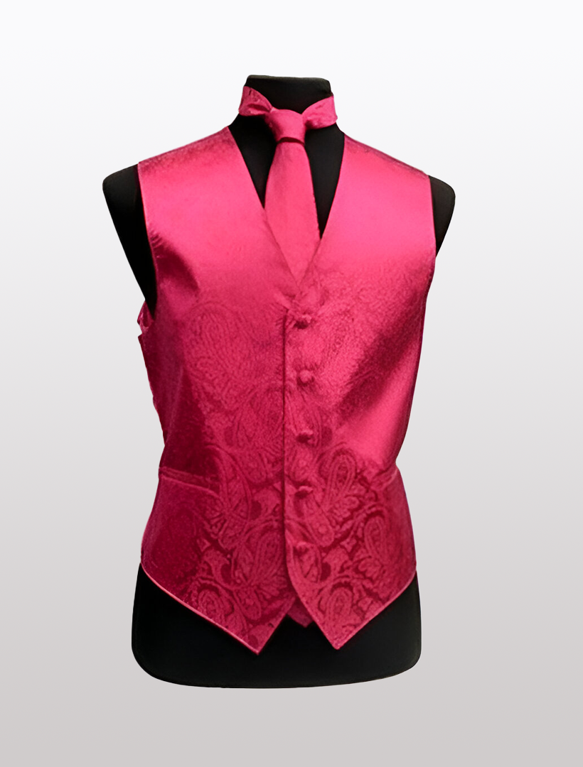 A Men's Paisley Hot Pink Tuxedo Vest and matching tie from Ckl displayed on a mannequin, showcasing an adjustable strap for a perfect fit and offering a modern appearance.