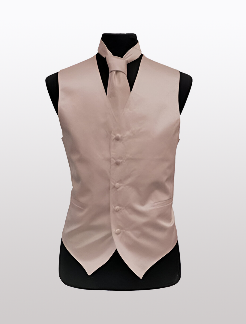 The Ckl Men's Solid Satin Pearl Tuxedo Vest, featuring an adjustable strap and matching necktie, is showcased on a black mannequin against a plain white backdrop.