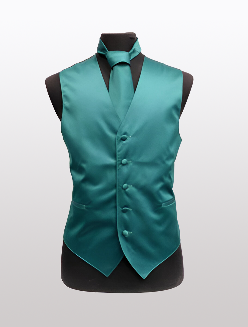The Ckl Men's Solid Satin Teal Tuxedo Vest, featuring an adjustable strap and matching tie for a modern look, is displayed on a mannequin against a plain background.