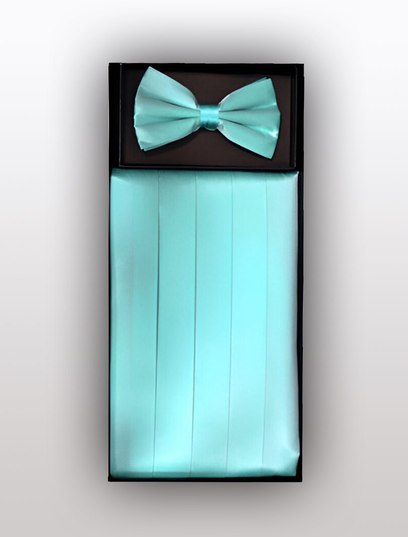 Vesuvio Napoli Men's Silk Aqua Cummerbund with Bow Tie set, gracefully presented in a black presentation box, is ideal for pairing with tuxedos.