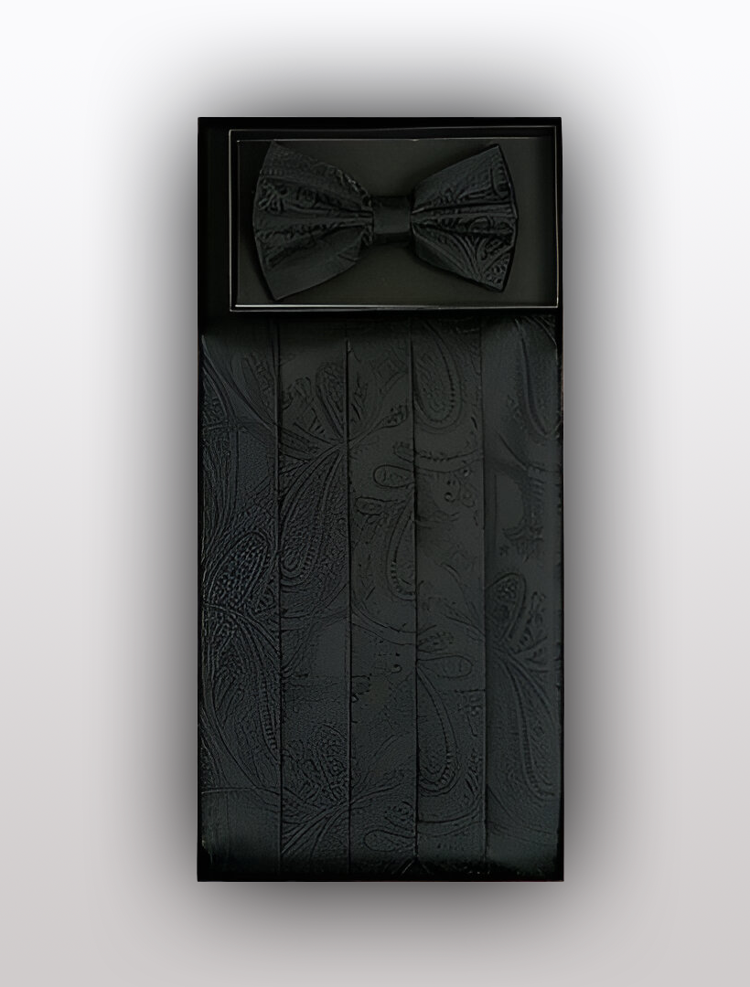 The Vesuvio Napoli Men's Silk Paisley Black Cummerbund with Bow Tie set, crafted from 100% silk, features a sophisticated black paisley pattern and comes elegantly boxed, making it an ideal choice for enhancing any tuxedo ensemble.