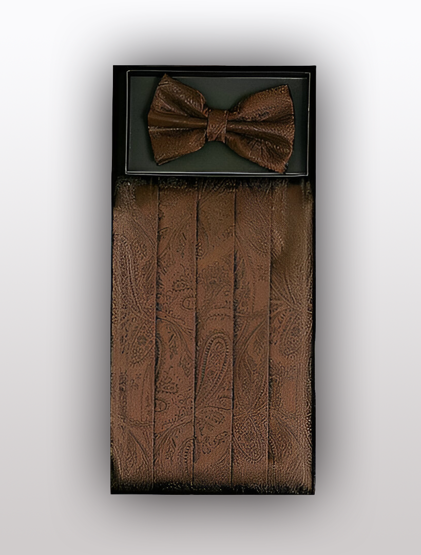 A boxed set from Vesuvio Napoli, featuring a Men's Silk Paisley Brown Cummerbund paired with a matching bow tie.