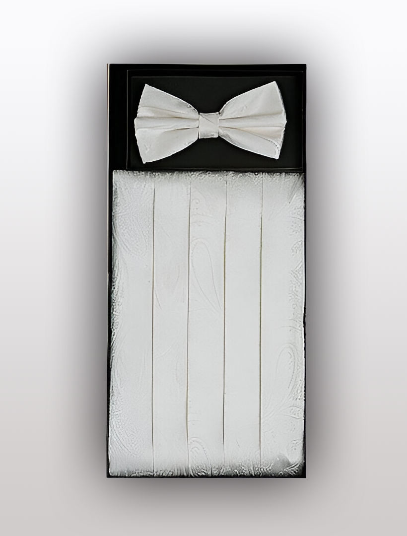 A neatly packaged Men's Silk Paisley Ivory Cummerbund with a bow tie from Vesuvio Napoli in a black box, perfect for completing your formal wear ensemble with style.