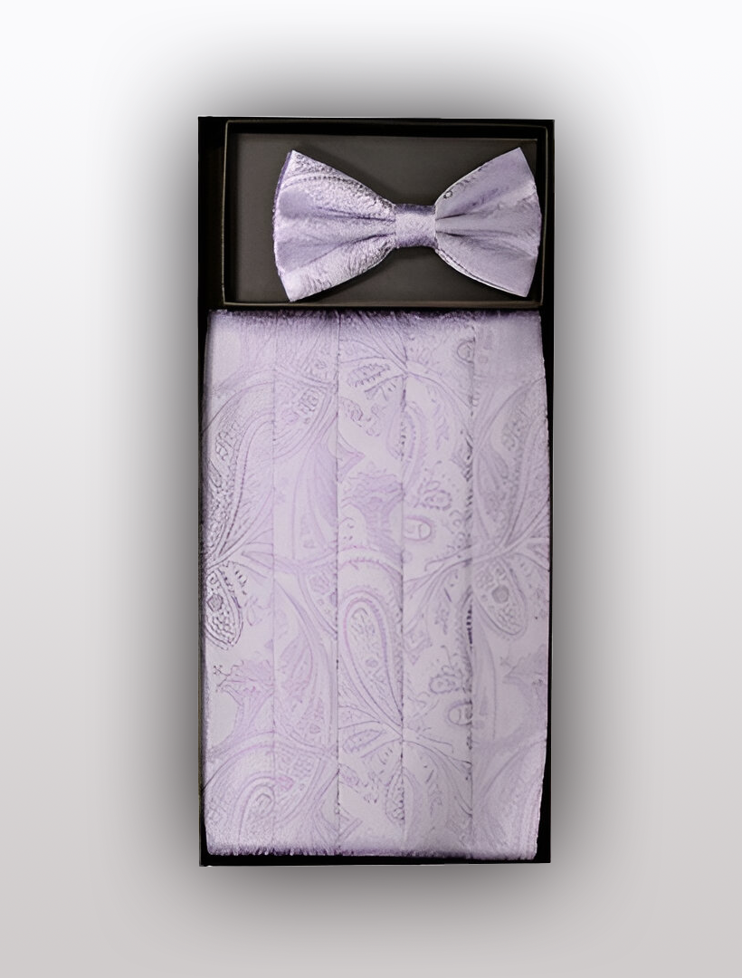 Introducing the Men's Silk Paisley Lavender Cummerbund with Bow Tie by Vesuvio Napoli, elegantly presented in a box and perfect for complementing tuxedos.