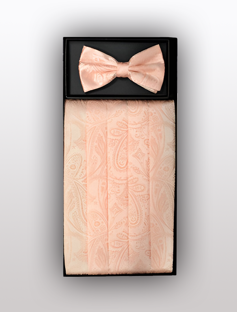 The Men's Silk Paisley Peach Cummerbund with Bow Tie by Vesuvio Napoli, crafted from 100% silk, is beautifully presented in a stylish black box.