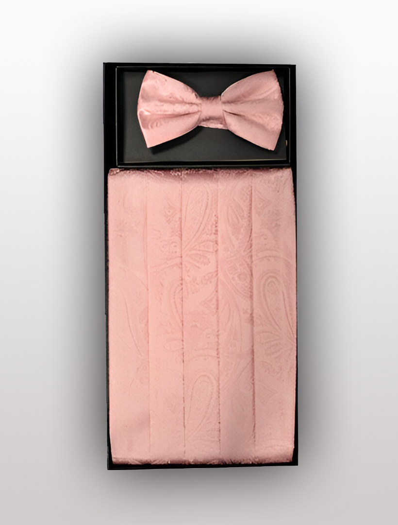 The Men's Silk Paisley Pink Cummerbund with Bow Tie from Vesuvio Napoli is an ideal tuxedo accessory, showcasing a boxed set that includes a 100% silk pink bow tie and matching cummerbund with a subtle paisley pattern.