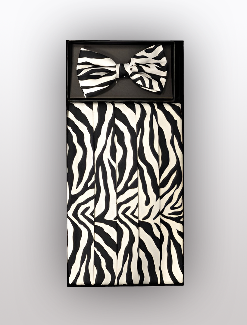 Introducing the Men's Silk Black & White Zebra Cummerbund with Bow Tie by Vesuvio Napoli: This elegant set features a sophisticated black and white zebra print bow tie, crafted from 100% silk, making it an ideal accessory for tuxedos or high-end cummerbunds.