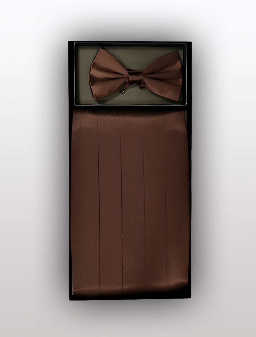 The Men's Silk Brown Cummerbund with Bow Tie by Vesuvio Napoli is elegantly displayed in a sleek black rectangular box, set against a plain white background.