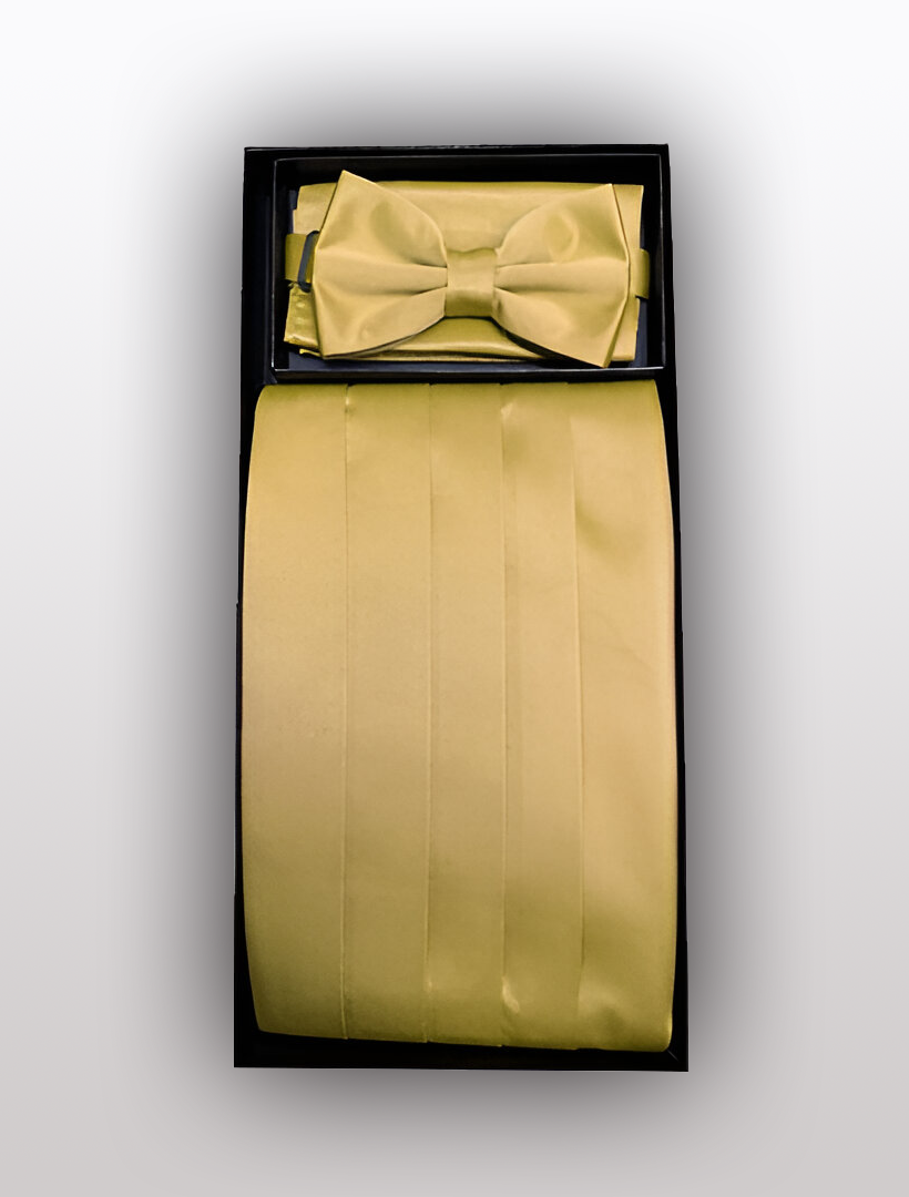The Vesuvio Napoli Men's Silk Gold Cummerbund with Bow Tie, crafted from 100% silk, is elegantly displayed in a black box.