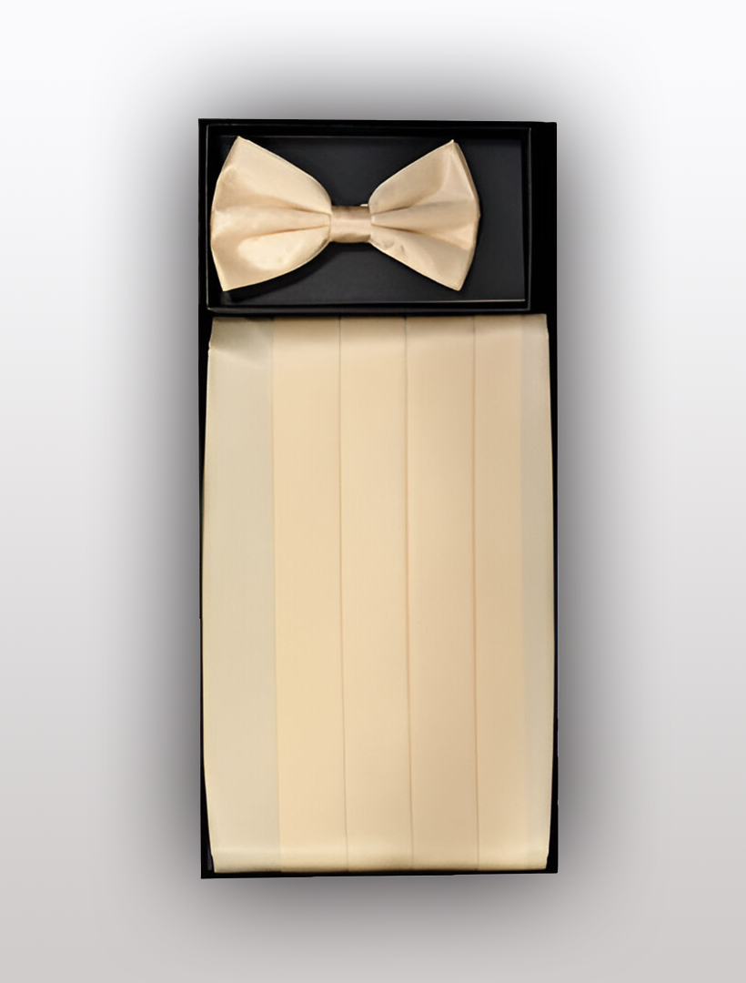 Introducing the Men's Silk Ivory Cummerbund with Bow Tie by Vesuvio Napoli, the ultimate tuxedo accessory for any formal wear occasion.