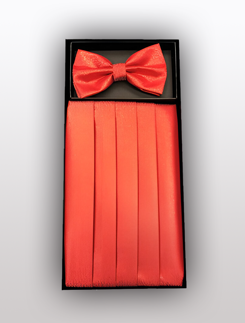 Indulge in the elegance of the Vesuvio Napoli Men's Silk Metallic Red Cummerbund with Bow Tie, exquisitely crafted from 100% silk and beautifully presented in a sleek black box. Ideal for pairing with tuxedos and sophisticated events.