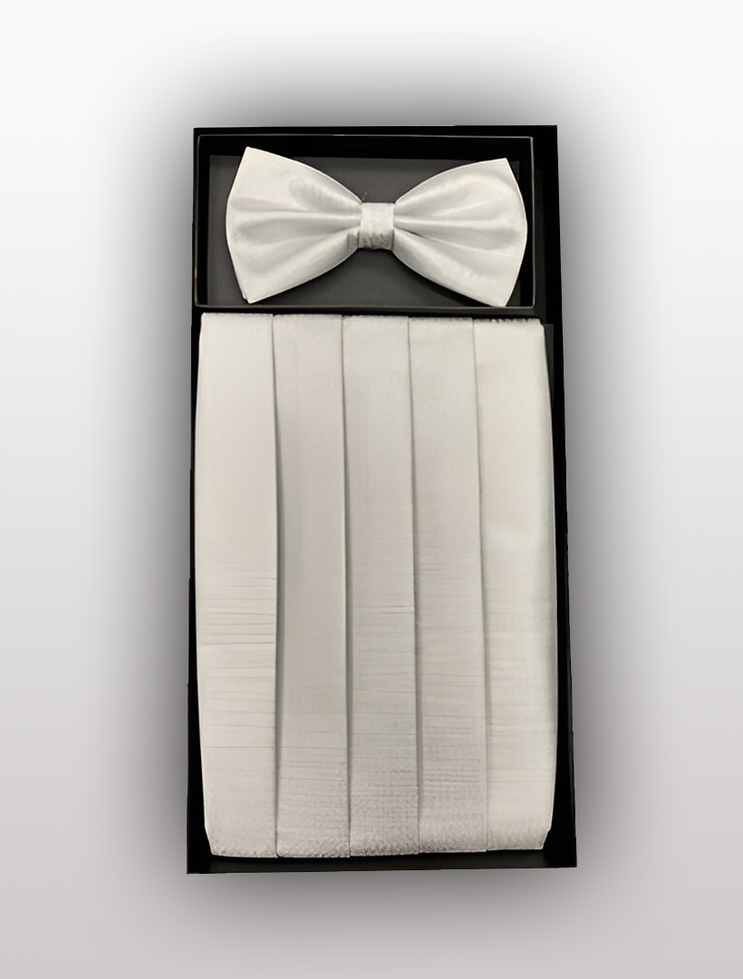 The product is a boxed set featuring the Vesuvio Napoli Men's Silk Metallic White Cummerbund with a matching bow tie, both equipped with adjustable elastic bands, elegantly displayed against a plain background.