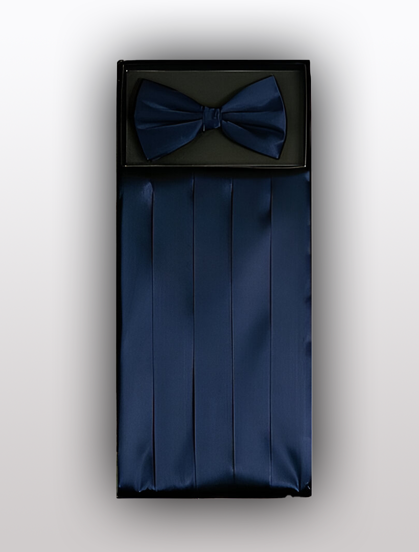 The Vesuvio Napoli Men's Silk Navy Cummerbund with Bow Tie boxed set, crafted from 100% silk, is perfect for completing your tuxedo ensemble.
