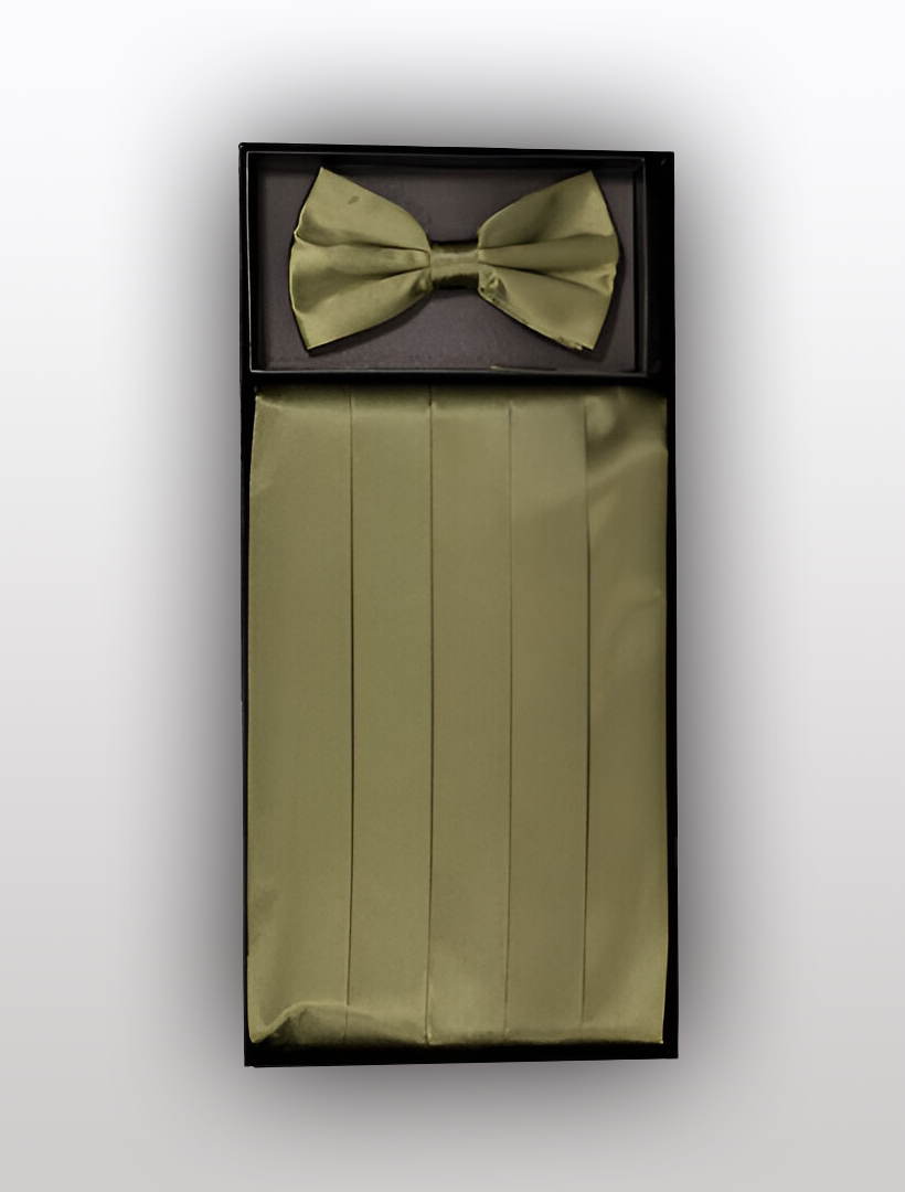 A Men's Silk Olive Cummerbund with Bow Tie from Vesuvio Napoli, showcasing a timeless 4-pleat design, gracefully packaged in a black box on a white background. An ideal addition to any tuxedo accessories collection.