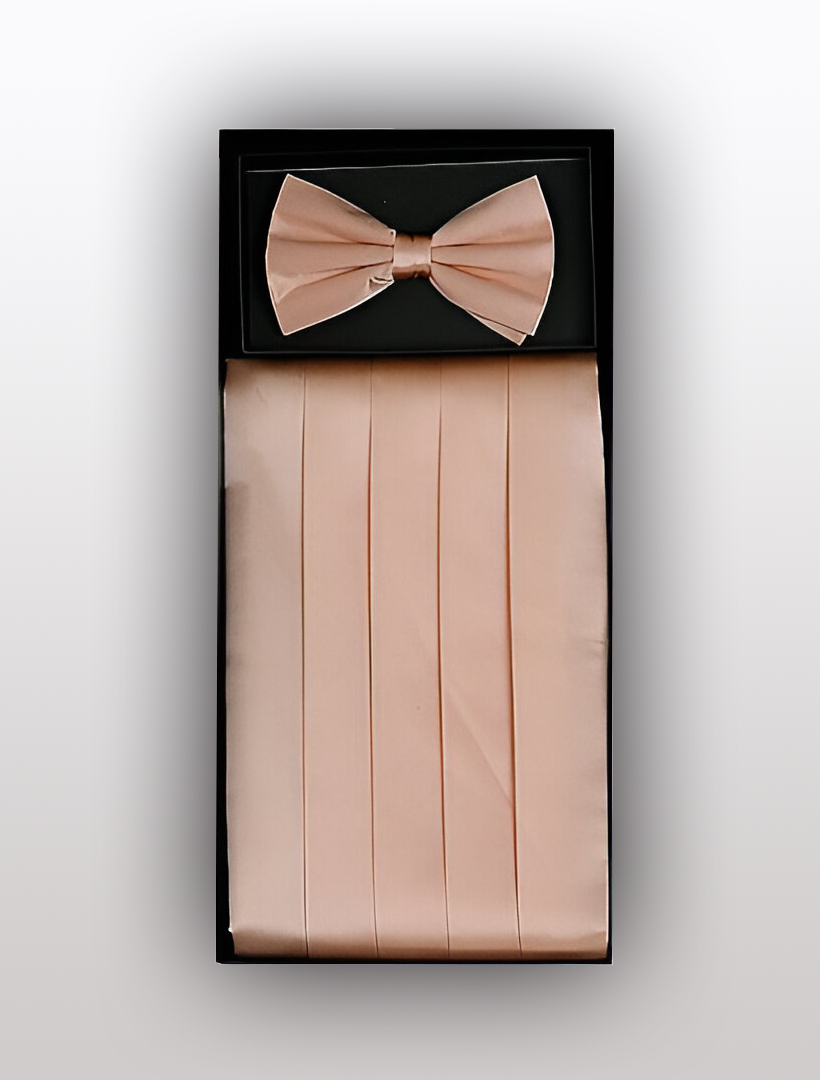 Introducing the Vesuvio Napoli Men's Silk Peach Cummerbund with Bow Tie, a luxurious 100% silk accessory set designed to enhance any tuxedo ensemble.