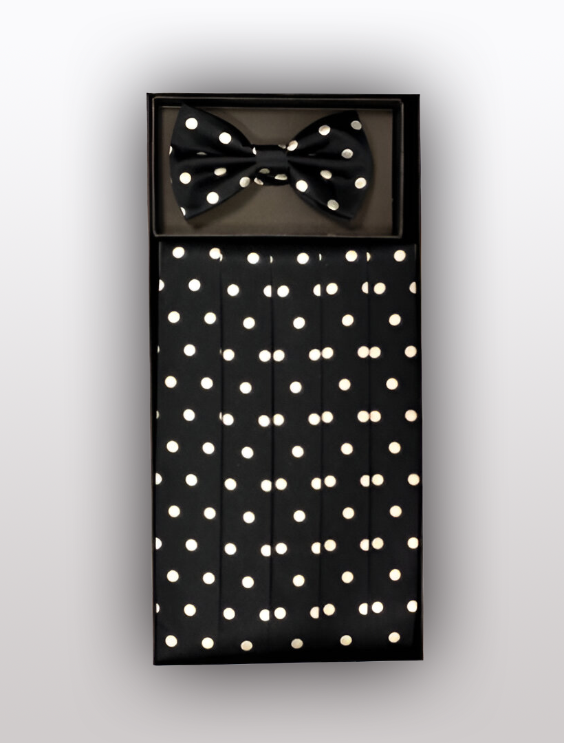 The Vesuvio Napoli Men's Silk Polka Dot Cummerbund with Bow Tie set, ideal for complementing a formal tuxedo, is gracefully presented in a sleek black box.