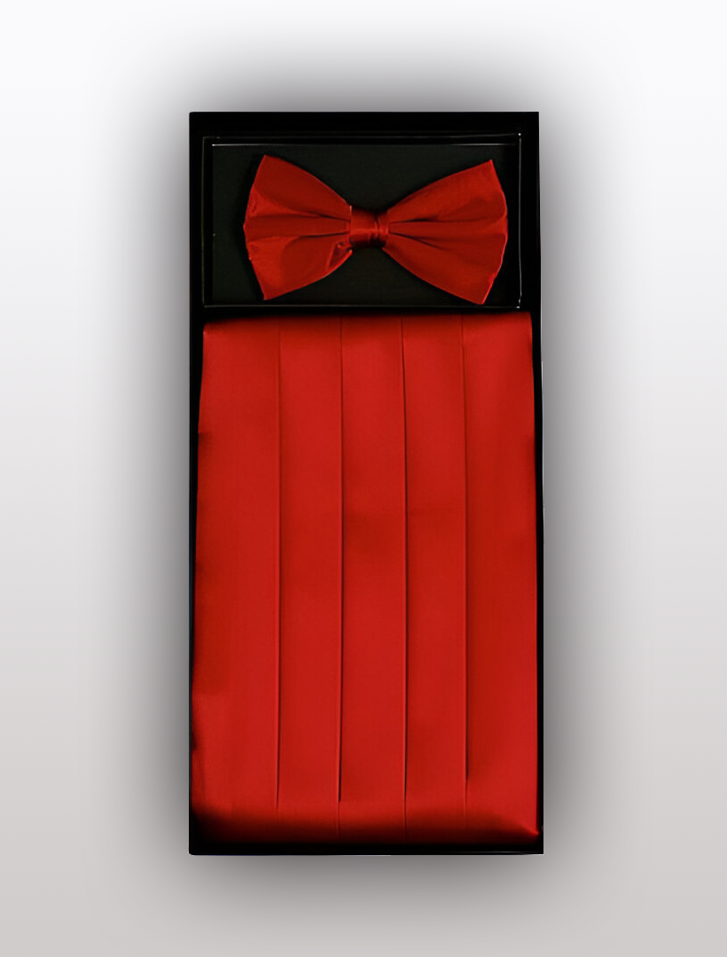 A red cummerbund and bow tie set, crafted from 100% silk by Vesuvio Napoli, elegantly presented in a black box.