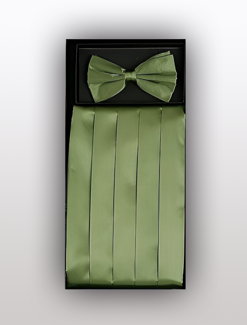 The Men's Silk Sage Green Cummerbund with Bow Tie from Vesuvio Napoli elegantly displayed in a black box, perfect for complementing any tuxedo.