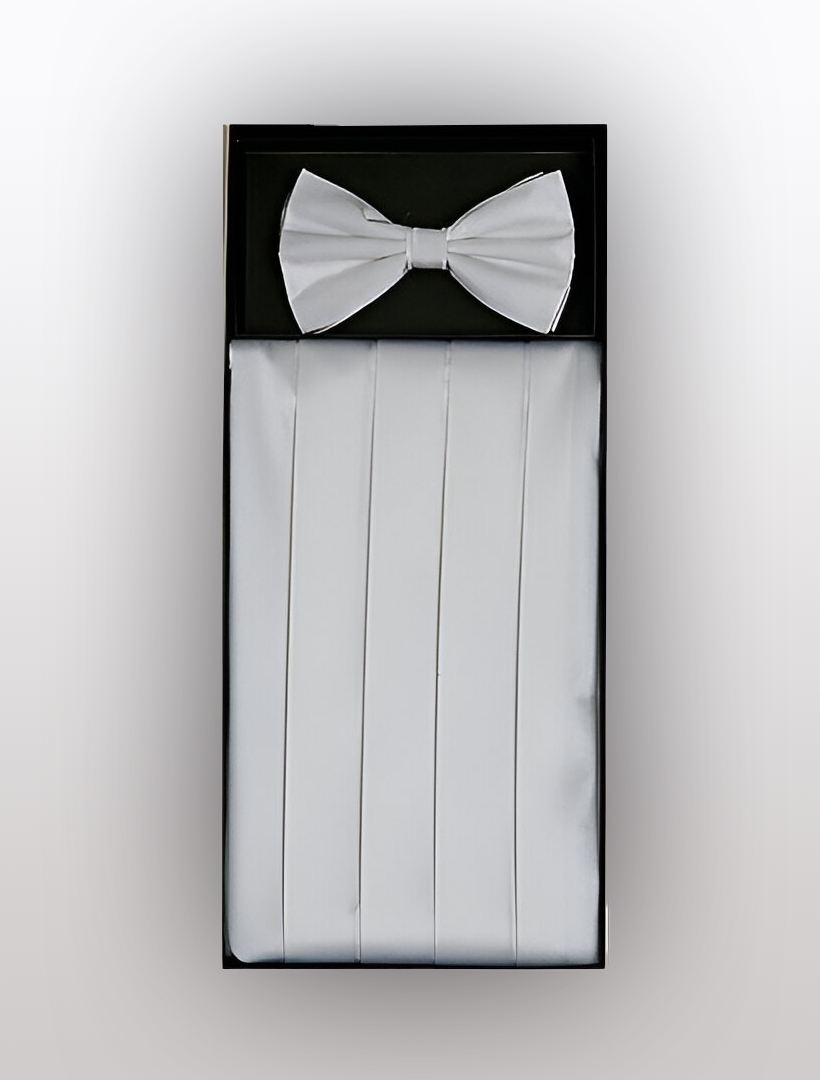 The Men's Silk White Cummerbund with Bow Tie by Vesuvio Napoli is elegantly displayed in an open black box, making it perfect for complementing the finest tuxedos.