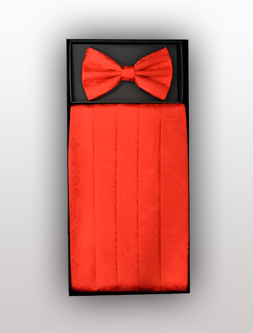A neatly arranged silk mauve bow tie and matching cummerbund set by Vesuvio Napoli in a sleek black box, perfect for tuxedos.