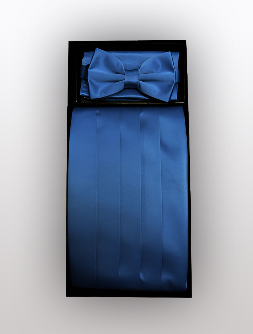 A stylish set named "Men's Poly Sapphire Cummerbund with Bow Tie & Hanky" by Vesuvio Napoli includes a polyester cummerbund and bow tie, beautifully presented in a sleek black box.