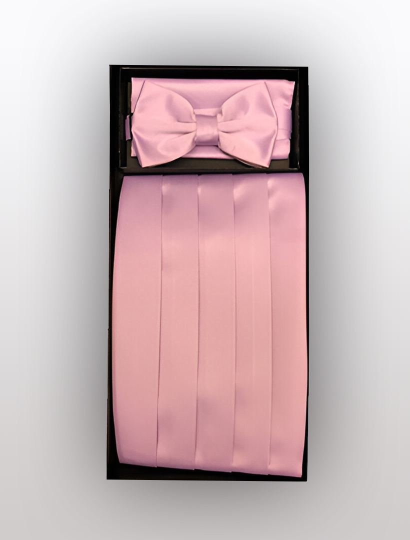 Introducing the Men's Poly Pink Cummerbund with Bow Tie & Hanky by Vesuvio Napoli: a stylish set made from durable polyester, elegantly packaged in a sophisticated black box—ideal for complementing classic tuxedos.