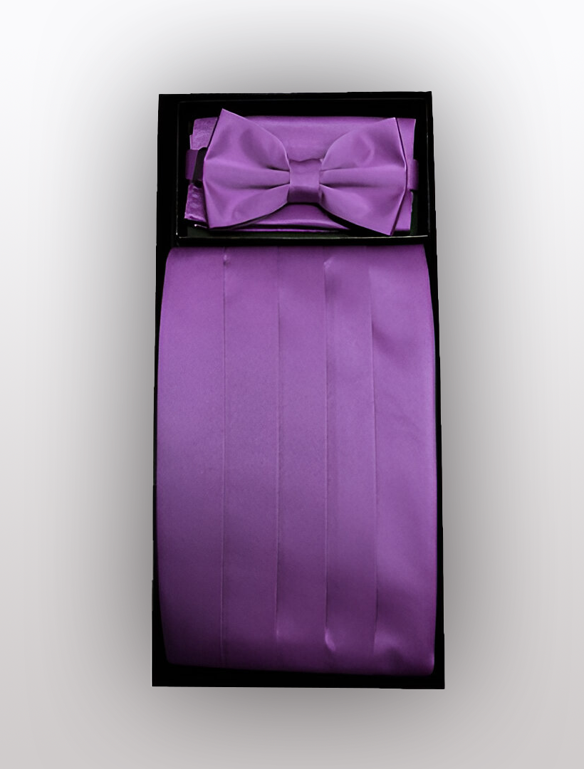 Vesuvio Napoli Men's Eggplant Cummerbund with Bow Tie & Hanky, elegantly packaged in a box.