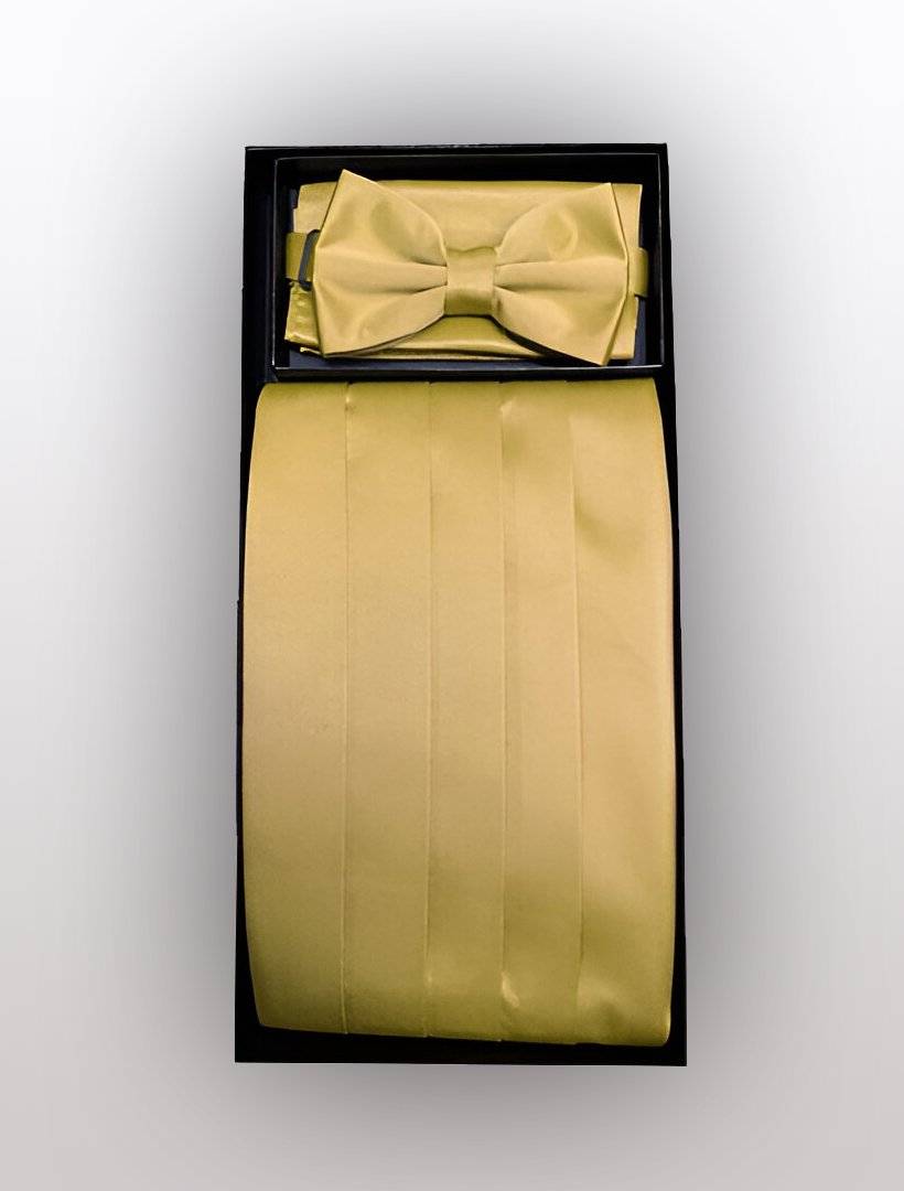 Introducing the Vesuvio Napoli Men's Poly Gold Cummerbund with Bow Tie & Hanky set: a sophisticated golden accessory collection meticulously designed for a perfect adjustable fit, all elegantly packaged in a sleek black box.
