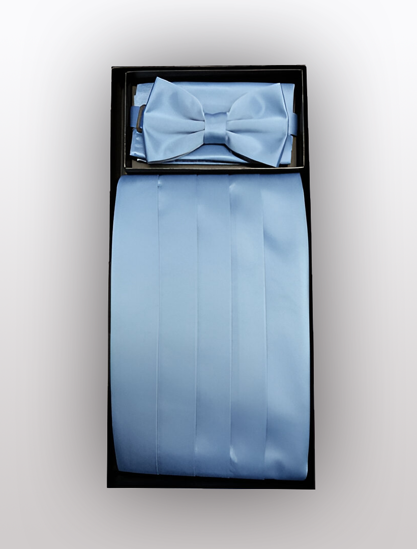 The Vesuvio Napoli Men's Poly Light Blue formal wear set includes a bow tie, adjustable cummerbund, and pocket square, elegantly displayed in a sleek black box.